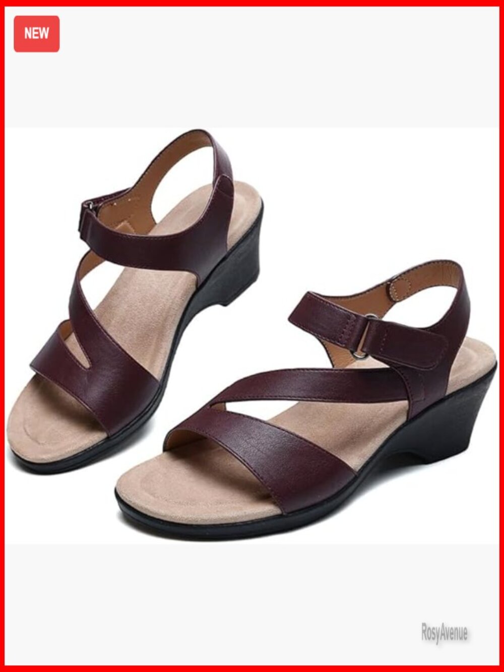Leather Wedge Sandals with Arch Support Adjustable Strap Dressy Heels